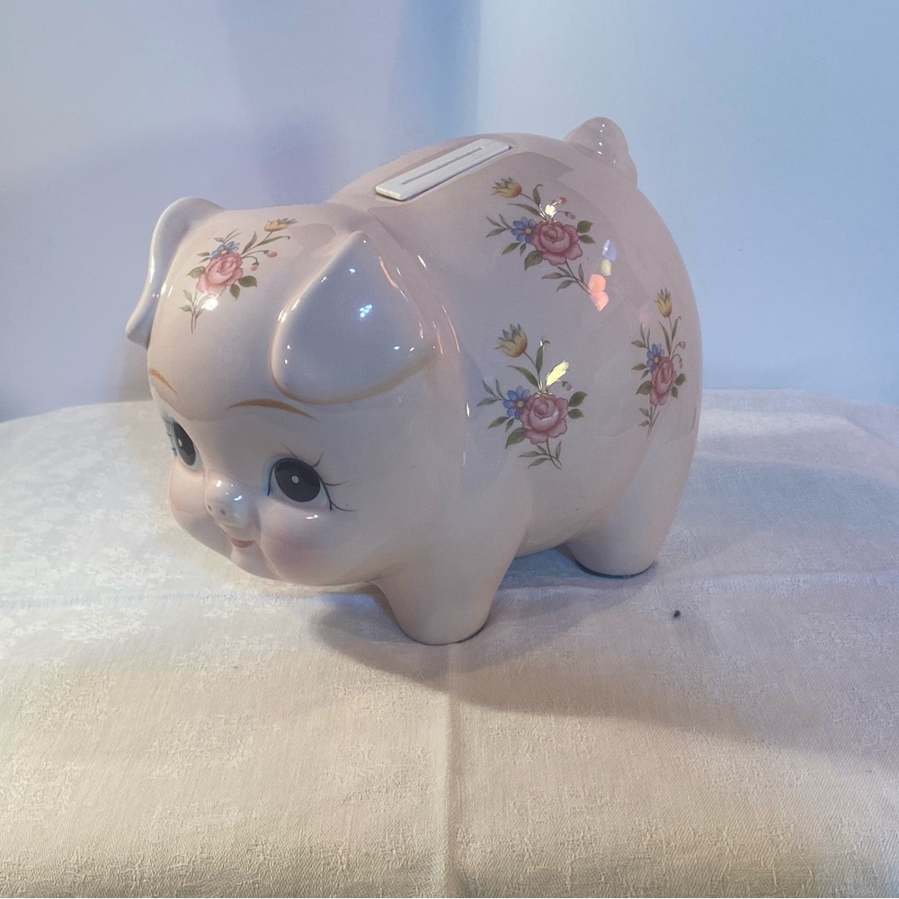 Lefton Ceramic Piggy Bank Pink W/ Flowers 6” Tall 7.5" long Roly Poly Pig